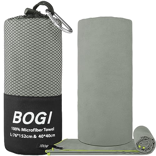 BOGI Microfiber Travel Sports Towel-Quick Dry, Soft Lightweight, Absorbent, Compact for Camping, Gym, Yoga, Swimming, Backpacking (L:60''x30''+16''x16'' - Grey) - color: Grey, size: L:60''x30''+16''x16''