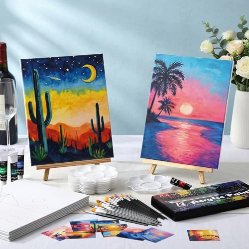 Cholemy 36 Pcs Paint and Sip Kit for Adults 8''x10'' Pre Drawn Canvas for Painting DIY Afro Acrylic Painting Kit Wood Easel Brushes Date Night Bulk for Mother's Day Party Gifts - style: Sunset Glow