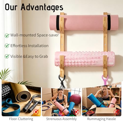 Wooden Yoga Mat Holder Wall Mount, Double Layer Yoga Mat Storage Rack with 4 Hooks, Home Gym Accessories for Yoga Mat Foam Roller Resistance Bands, Sturdy Wall Organizer for Home Gym School Office