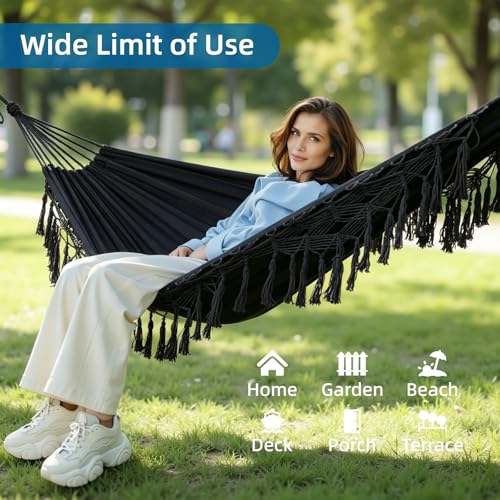 Brazilian Style Double Hammock with Fringe, 2 Person Patio Hammock for Backyard & Indoor Relaxation, Soft Breathable Fabric, Easy Setup with Straps & Carry Bag, 360 lbs Capacity - color: Black