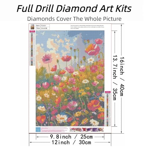 ckdiluy Flower Diamond Art Kits for Adults, 5D Colorful Wildflowers Diamond Painting Kit for Beginners, Flowers DIY Round Full Drill Painting with Gem Art Craft Kits for Home Wall Decor 12x 16 Inch - color: FC001