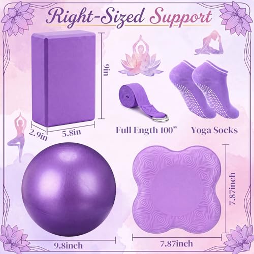 9 Pcs Yoga Set with EVA Foam Yoga Blocks Brick Tpe Cushion Knee Pads Strap Non Slip Socks Sport Ball Drawing Bag, Portable Fitness Equipment for Studio Gym Home Sport - color: Purple