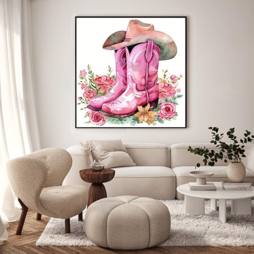 Framed Paint by Numbers Kit for Adults, Pink Cowboy Boots, 10 x 10 Inch | DIY Adult Paint by Number Kit for Beginners, Western Wall Decor, Stress Relief Craft Gift, Creative Hobby - color: TRTD1PF302