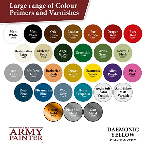 The Army Painter, Colour Primer Daemonic Yellow, 400 ml acrylic spray | Daemonic Yellow primer for painting Warhammer and Dungeons and Dragons miniatures - color: Daemonic Yellow
