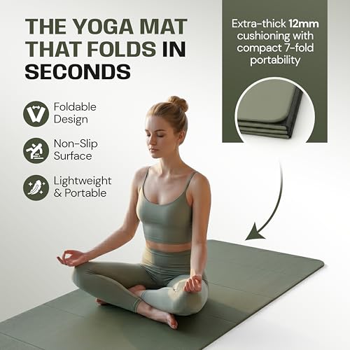 OLYSE Foldable Yoga Mat, Extra Thick 12mm (1/2" inch), 7-Fold, Non-Slip, for Yoga, Pilates, Stretching, HIIT & Home Workout, Green