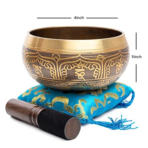 Tibetan Singing Bowl Set - Easy To Play Authentic Handcrafted For Meditation Sound Chakra Yoga Healing 4 Inches By Himalayan Bazaar (Gold & Turquoise) - color: Gold - Turquoise
