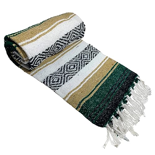 Genuine Oversized Artisan Mexican Falsa blanket (72inx48in) -Authentic Handcrafted Yoga Blanket, Beach Throw, Camping Essential, Picnic Mat, or Outdoor Wrap - color: Green Beige