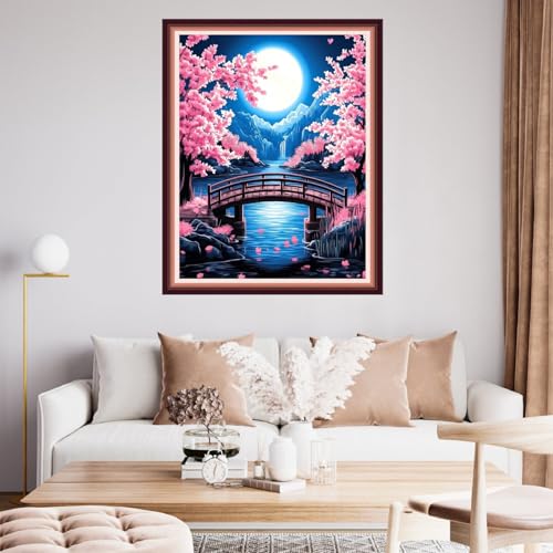 Fanxvivy Stamped Cross Stitch Kits for Beginners Full Range of Cross Stitching Preprinted Embroidery Kits for Adults, 11CT Embroidery Pattern Needlepoint Kits-Peach Blossom Moon 16x20 inch - color: Artdesign07