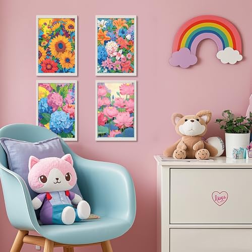 PERFECTSIGHT Cute 5D Diamond Art Kits, Kawaii DIY Painting Art for Adults Teen, 4 Pack Diamond Arts and Crafts Sets, Big Gem Full Drill Diamond Dots for Women (Multicolor Flowers) - style: Multicolor Flowers
