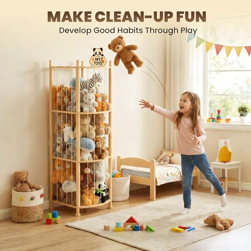 Stuffed Animal Storage Organizer, Wooden Toy Storage Organizer & Plush Storage Tower with Elastic Cords, Stuffed Animal Zoo for Kids Bedroom, Playroom & Nursery, Solid Pine, 15.7 x 15.7 x 53.5 In