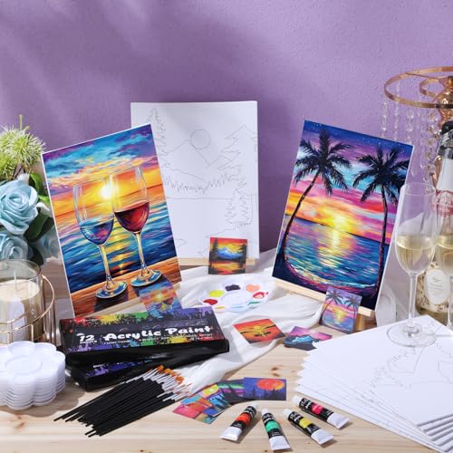Ctosree 72 Pcs Colorful Sky Paint and Sip Kit for Adults 8'' x 10'' Pre Drawn Canvas for Painting DIY Pre Printed Canvas for Party Favor Afro Acrylic Painting Kit Wood Easel Brushes Date Night Bulk - style: Colorful Sky