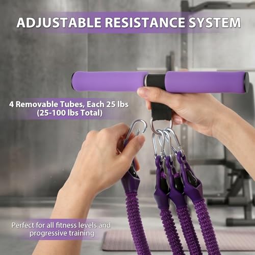 Pedal Resistance Band with Handles, Adjustable Resistance Bands Set (25-100 lbs) with Door Anchor & D-Handles, Fabric Covered Exercise Bands for Ab Workout, Legs, and Arm Training - color: Purple