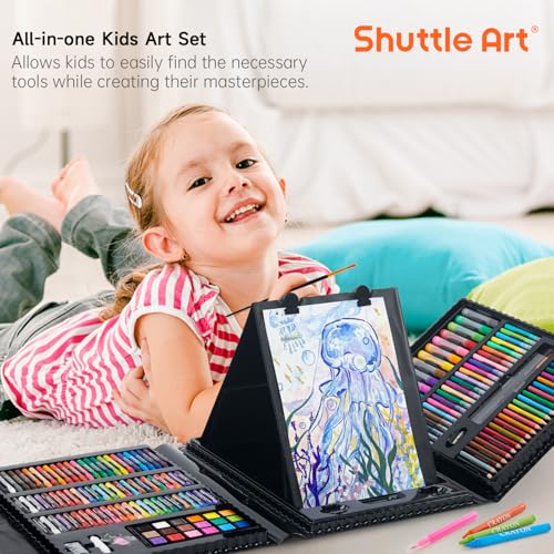 Shuttle Art 335 Piece Kids Art Set, Multi-Media Art Supplies, Gift Art Kit with Trifold Easel, 2 Drawing Pads, 2 Coloring Books, Oil Pastels, Crayons, Watercolors, Markers, Colored Pencils (Black) - color: Black-335 Piece