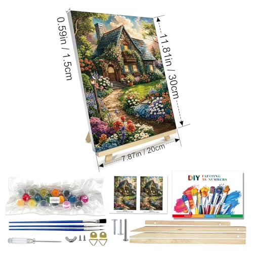 JOOZ Paint by Numbers Kit for Adults with Frame, Landscape Paint by Number Canvas, House Flowers Paint by Number with Easel, DIY Acrylic Oil Painting Kit for Home Wall Decor 8 x 12 Inch - color: Flowers House
