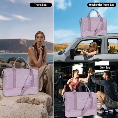 Weekender Bag, Large Travel Duffel Bag for Women, Carry on Overnight Bag with Shoe Compartment and Toiletry Bags - color: L-3PCS Cute Pink