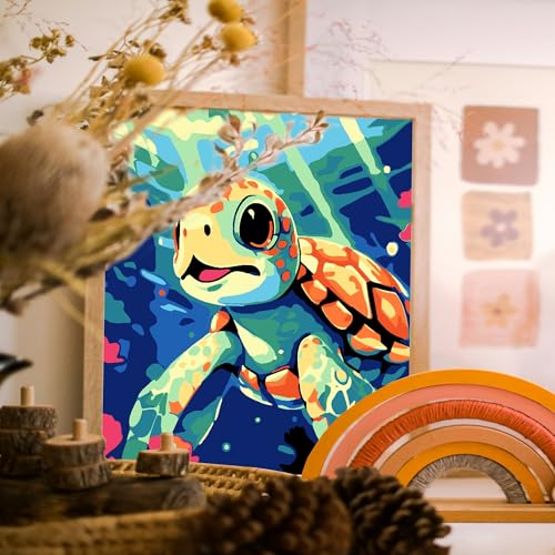 Gemozaic Sea Turtle Paint by Numbers Kit for Kids Ages 4-8-12, 8 x 8 INCH | Paint by Number for Kids with Frame & Easel, Sea Animal Kids Painting by Number for Boys, Girls Gift, DIY Acrylic Painting - color: BKH1887