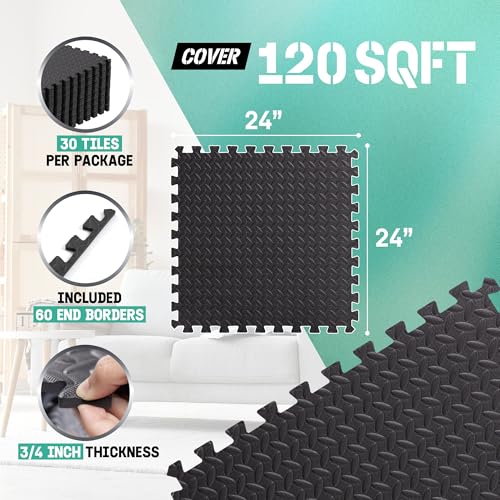 Yes4All 24SQFT-120SQFT Puzzle Exercise Mat for Home Gym, EVA Interlocking Foam Floor Tiles with Border for Workout Equipment - color: Black, style: H. 3/4" Thick, 120SQFT