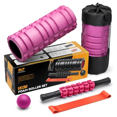 SUBCULTUREPICK 5 in 1 Foam Roller Set for Deep Tissue Muscle Massage | High Density Fitness Exercise Foam Roller, Muscle Roller, Massage Ball, Resistance Band, for Whole Body Physical Therapy Pink - color: Pink-black