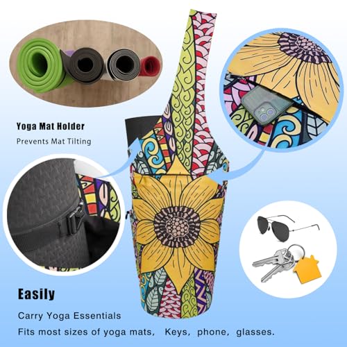 Yoga Mat Bag - Large Opening Long Tote Yoga Mat Carrier Holder Bag with Waterproof Wet Zipper Pocket and Drawstring Water Bottle Pocket - Yoga Bag Fit Most Size Mats - color: Sunflower