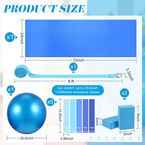 Liliful 10 Pcs Yoga Starter Kit Include 6mm Yoga Mat with Carry Strap, 2 Blocks, 65cm Pilates Ball, Stretch Strap, 5 Resistance Bands with Air Pump Home Workout Set for Beginners Women Men Gym - color: Blue