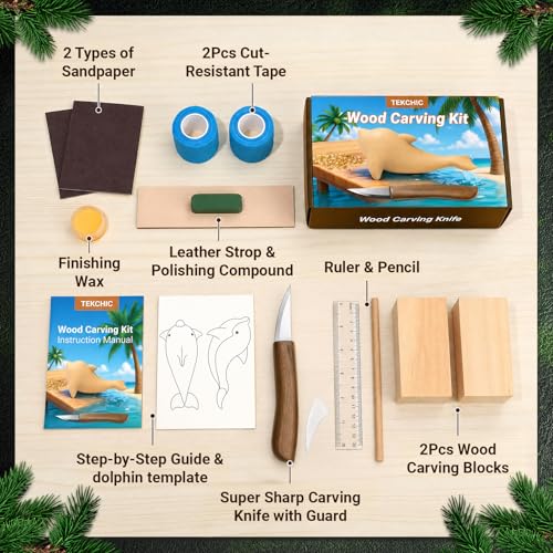 TEKCHIC Wood Carving Kit for Beginners Whittling Knife Kit | Dolphin DIY Wood Carving Knife Set with Guard– Woodworking Hobby Kits for Adults, Teens & Kids, Meaningful Gift for Family - color: Dolphin Wood Carving Kit