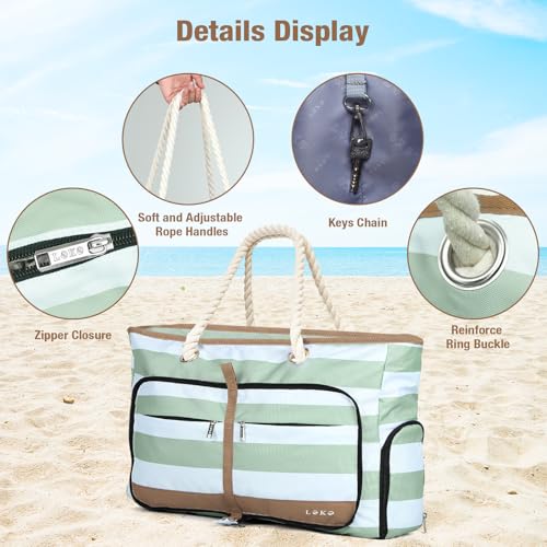 Beach Bag for Women - 35L Large Tote Bag, Waterproof & Sandproof, Zippered Carry On Bag for Pool, Beach & Travel - color: Green Striped