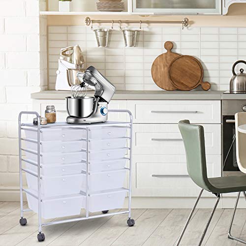 LDAILY 12 Drawer Rolling Storage Cart, Craft Cart Organizer on Wheels w/Metal Frame, Large Capacity & Smooth Drawer, Rolling Cart w/Drawers for Classroom, Office - color: Clear, size: 12 Drawer