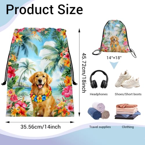 Golden Retriever Drawstring Bag Palm Leaf Shoe Bags for Storage Wet Cloth - color: Golden Retriever-multi, size: 18"(H)*14"(W)