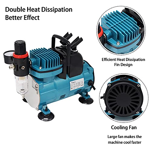 Quiet Airbrush Compressor Kit – 1/5HP Auto Start/Stop, 4 Bar, Dual Holders & 6FT Air Hose for Model Painting, Tattoo, Cake Decor, Nail Art