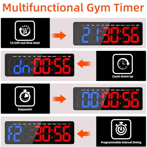 13" Gym Timer Clock, Workout Interval Timer with Remote Control, Count Down & Up Stopwatch, Adjustable Brightness, Large LED Digital Display, Fitness Digital Clock for Home/Garage/Boxing