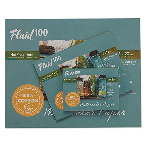 Fluid 100 Watercolor Paper Block, 8 x 8 inches, 15 Sheets, 140 lb (300 GSM) 100% Cotton Hot Press Pad for Artist Painting and Wet Media - size: 8 x 8