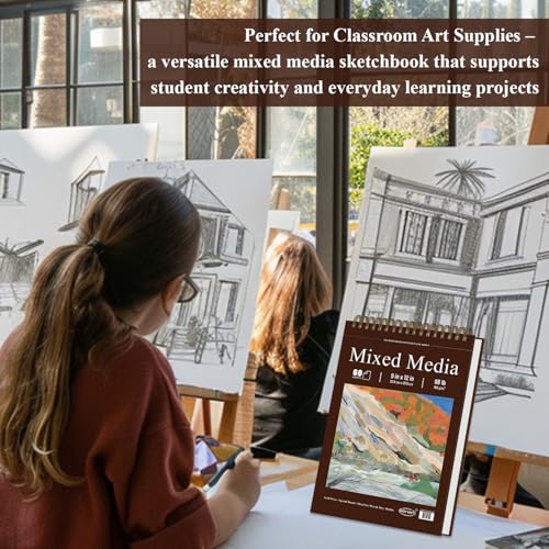 Mixed Media Sketchbook 9" x 12", 60 Sheets Each (98lb/160gsm), 2 Pack, Heavyweight Drawing Papers, Top Spiral Bound Hardcover Sketchbook, for Wet and Dry Media, Drawing, Painting - size: 9" x 12" (Pack of 2)