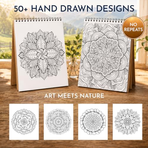 Mandala Coloring Book for Adults, 50 Unique Botanical Designs for Women | Adult Coloring Book for Women Spiral Bound, Nature & Floral Mandala Patterns, Single-Sided 180gsm Thick Paper, Relaxation - color: Mindful Mandala - Nature