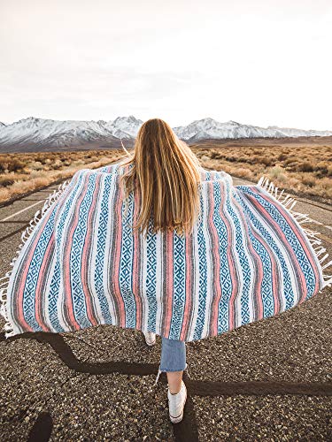 Gray, Teal and Pink Mexican Blanket by Laguna Beach Textile Co - Beach, Yoga, Camping, or Decorative Throw Blanket - Traditional Handmade Serape - Gray Blush - color: Gray Blush