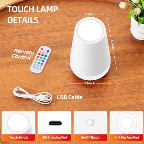 Night Light, Dimmable Touch Lamp and Remote Control, 13 RGB Colors & 5 Brightness, Rechargeable Bedside Table Lamp for Baby Kids Nursery Bedroom Bathroom Camping (White) - color: White
