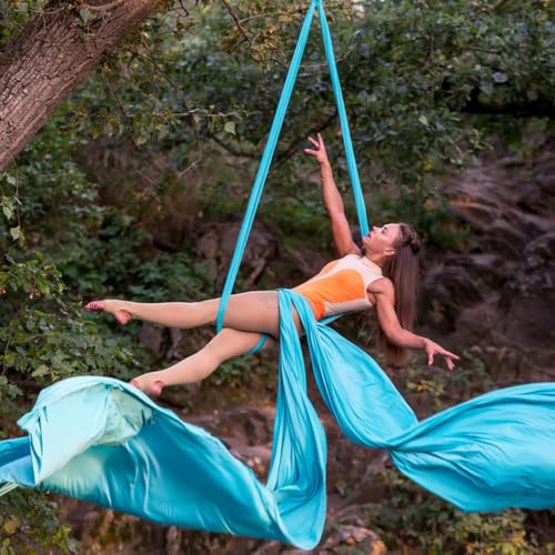 Deluxe Aerial Silks Equipment Set - 11 Yards Aerial Yoga Hammock Swing for Acrobatic, Circus Arts, Dance (L:10m W:2.8m) - color: Sky blue