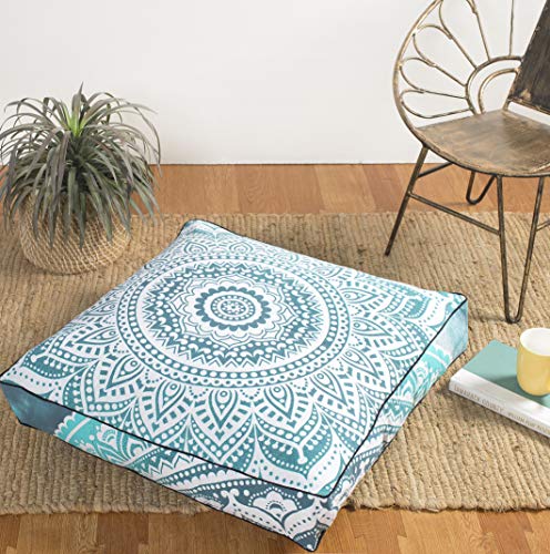 Popular Handicrafts Floor Pillow Cushion Cover - Hippie Mandala Square Ottoman Pouf Cover Indian Ombre Daybed Cotton Cushion Cover with Heavy Duty Zipper - Dog-Pets Bed, 22" Green Grey - color: Green and Grey, style: 22 Inchx 22 Inch Square Pillow cover