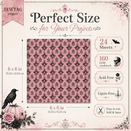 Pink Halloween Scrapbook Paper Pad, 24 Double-Sided 6 x 6 Cardstock Sheets | 24 double-sided 6 x 6 inch sheets in 24 patterns, made from 60 lb cover acid- and lignin-free lightweight cardstock - color: Halloween-A