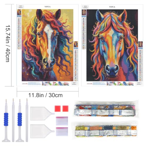 YOYA 2 Pack 5D Horse Diamond Art Kits for Adults 12x16 Inch | Full Drill Diamond Painting Kits, Animals Theme, Round Drill, HD Canvas, Fun, Relax, Gem Art for Home Wall Decor, Gifts - color: Horse 035