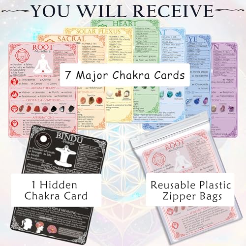7 Chakra Cards &1Hidden Chakra Cheat Sheet Cards with Crystals Quick Reference Guides, Food Therapy,Meditations,Affirmations,Aromatherapy,Yoga Poses,Mudras - 5.2" x 7.2" 2-Sided Waterproof Cards