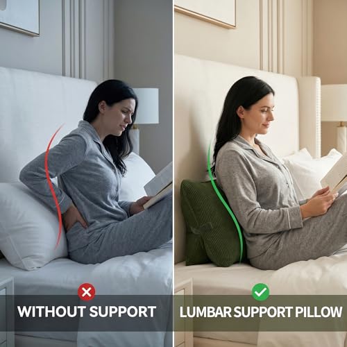 Pat. Pend. Corduroy Ergonomic Lumbar Support Pillow for Sitting Support, Triangle Back Cushion for Sofa, Armchair & Bed, Washable Cover, Avocado Green - color: Avocado Green