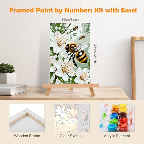 MOGTAA Paint by Numbers Kit for Adults with Frame, Bees Paint by Number Canvas, Flowers Landscape Paint by Numbers with Easel, DIY Animal Oil Painting Kit for Home Wall Decor 8 x 12 Inch - color: Bee