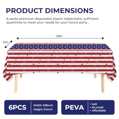 6 Pack American Flag Tablecloth, 4th of July Patriotic Table Cover (54"x108") Disposable Plastic Table Cloth, Decorations for Veterans Day, Patriotic, Memorial, Fourth of July, Independence - color: American Flag Style