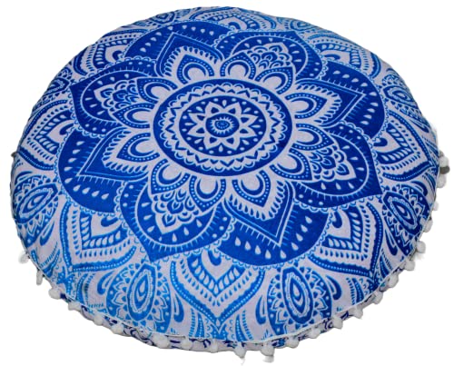ICC Floor Pillows & Cushion Covers, Decorative Hippie Mandala Pouf Pillow Cover Bohemian Seating Meditation Cushion Cover, Large Boho Ottoman Case Pillowcase for Couch 32" Round Blue Flower - size: 32" x 32" (Pack of 1), style: Blue Flower