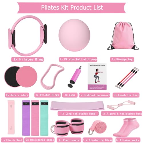 Pilates Kit for Women 18PCS, Home Pilates Workout Kit for Beginners | with 9-inch Pilates rings and balls, Elastic bands, Foot covers, Stretch bands Essential Accessories for Home Workouts