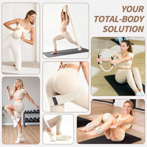 NANATI Pilates Kit, Home Pilates Workout Kit for Women, Pilates Equipment with 14.5"" Pilates Ring and Ball, Resistance Bands, Ankle Weights, Sliders & Grip Socks for Home Workouts - color: Beige