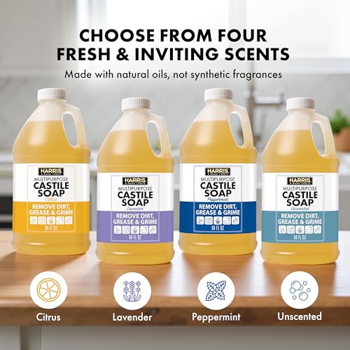 HARRIS Multi-Purpose Pure Liquid Castile Soap with Micro Fiber Towel for Home Cleaning, For Dish Soap, Laundry Detergent, Kitchen and Bathroom Surfaces, Kids Rooms, Unscented, 64 Oz