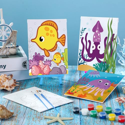 Blosssound 10 Set Pre Printed Canvas Pre Drawn Canvas Painting with Easel Kits 5" x 7" Outline Painting Panels for Beginners, DIY Craft Project, Home Decors(Ocean) - style: Ocean