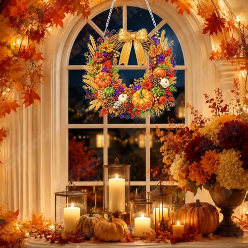 Eiflow Hanging Diamond Art Fall Wreath Kit for Adults DIY Acrylic Diamonds Craft Painting Ornament Pumpkin Kit, Special Crystal Autumn Diamond Art Painting Window Door Hanging Pendant - color: Wreath