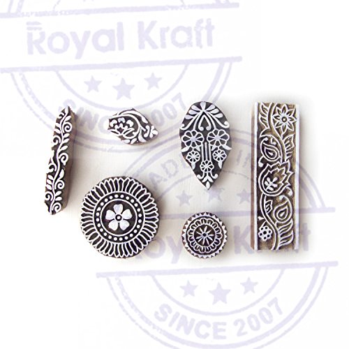 Hand Carved Round and Leaf Designs Wooden Printing Stamps (Set of 6) - color: Htag0326